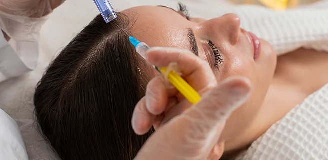 Микронидлинг и инжектиране на серум в скалпа на жена.