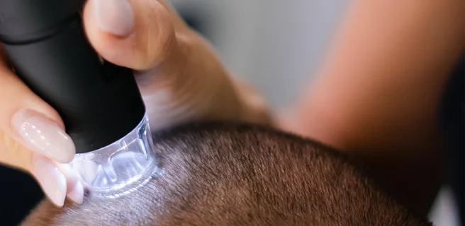 Дерматоскопски преглед на скалпа с увеличителен уред за диагностика на косопад